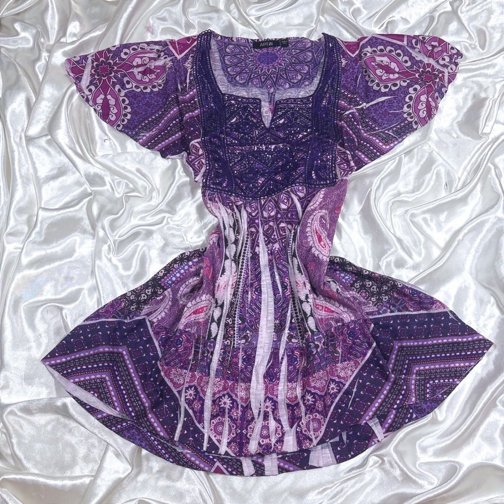 y2k Blouse Purple Excellent Apt 9 Paisley Boho Crochet Sequin Babydoll Top